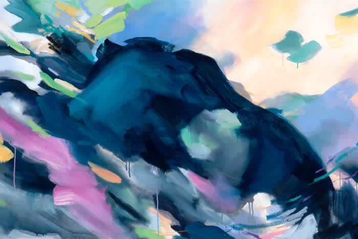 Soft and flowing abstract painting in blues, pinks and white. Painting by Meghan Monaghan