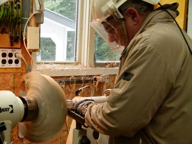Frank Ditomaso in woodturning in his studio, workshop